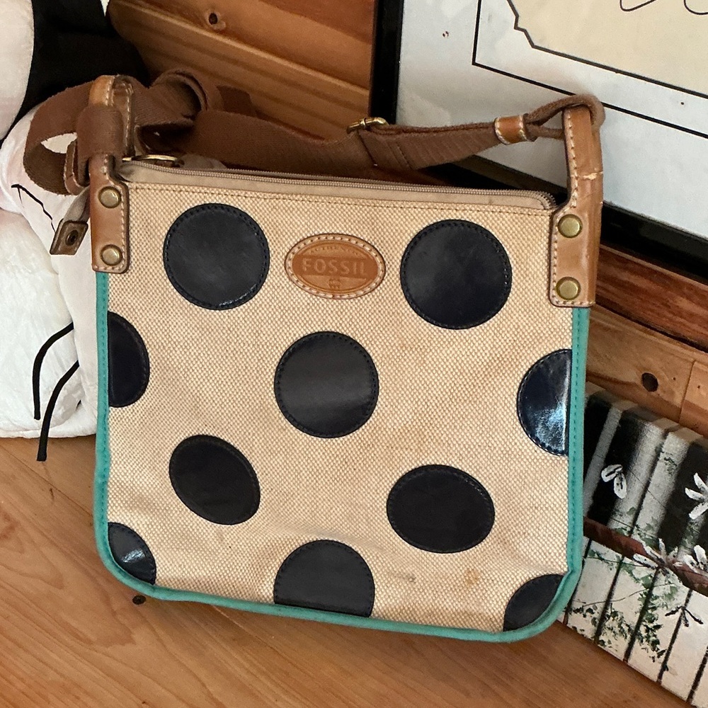 Fossil Canvas Crossbody Bag - Ivory, Black, and Teal